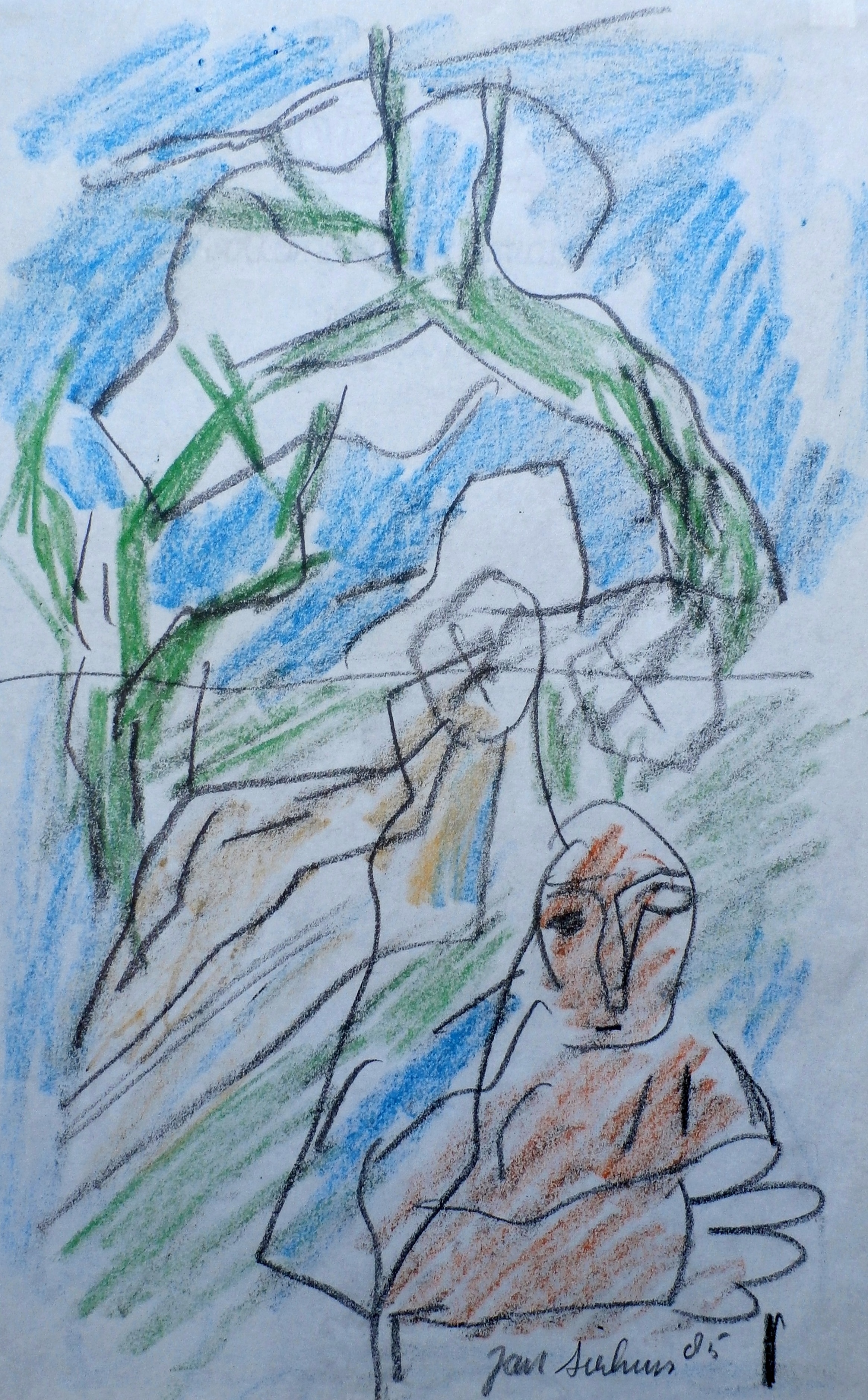 Jan Sierhuis - tekening - Landschap met figuur - 1985 verkocht voor € 75!