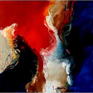 Gerriet Postma - olieverf op doek: abstract werk (mooi ingelijst, groot!) verkocht voor € 1200!