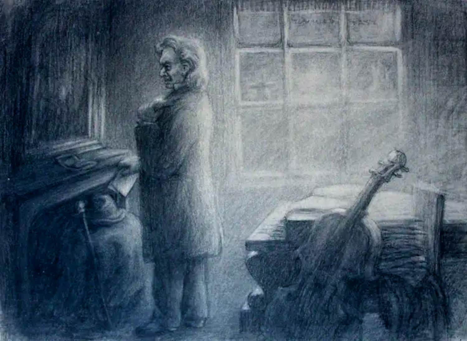 Buy Ton van Tast - Potloodtekening: Een muzikant, die voor de spiegel staat met eremedaille? Bid from 75!
