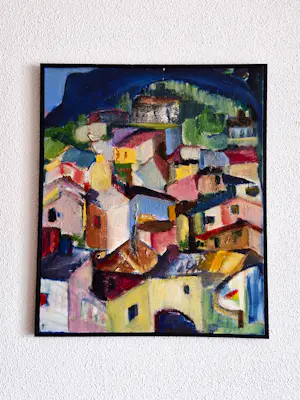 AcheterNiet of onleesbaar gesigneerd - Fraai expressionistisch olieverf op doek "bergdorp Sicilië" gesigneerd? Enchérissez de 10!