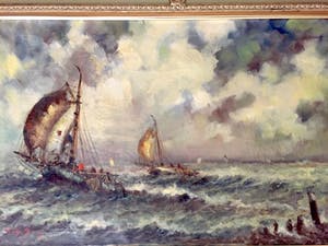 Willem Bos - Platbodems op woelige zee - Olieverf op Doek, Klassieke, grote lijs kopen? Bied vanaf 299!