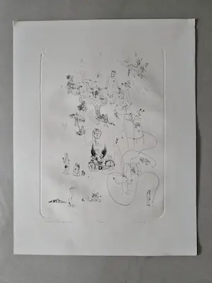 Sipke Huismans - in 1966 in eigen beheer gemaakte zwart wit Ets "encephalospam" potloodgesign. kopen? Bied vanaf 1!