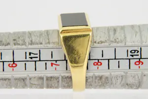 02 - Mooie 14 Krt gouden zegel ring met rechthoekige zwarte steen kopen? Bied vanaf 290!