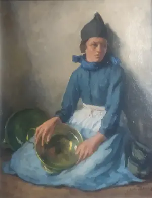 Buy Adri Bleys - Gehurkte Volendamse vrouw met een koperen pan? Bid from 650!