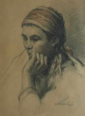 Hendricus Dievenbach - Ingelijste tekening , Portret vrouw kopen? Bied vanaf 50!