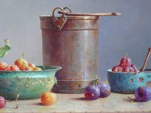 Hans Habraken - Oud keteltje en 2 schalen met pruimen. kopen? Bied vanaf 750!