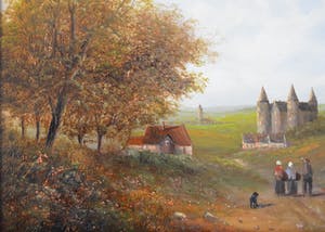 Niet of onleesbaar gesigneerd - Een glooiend landschap met figuren op een zandpad, boerderijen en een kasteel kopen? Bied vanaf 1!