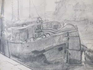 Willem van Dort - Schip aan de kade - Tekening kopen? Bied vanaf 1!