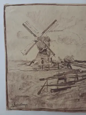 Adrianus Miolee - Molen aan de Vliet. Polderlandschap. Voorschoten.. kopen? Bied vanaf 89!