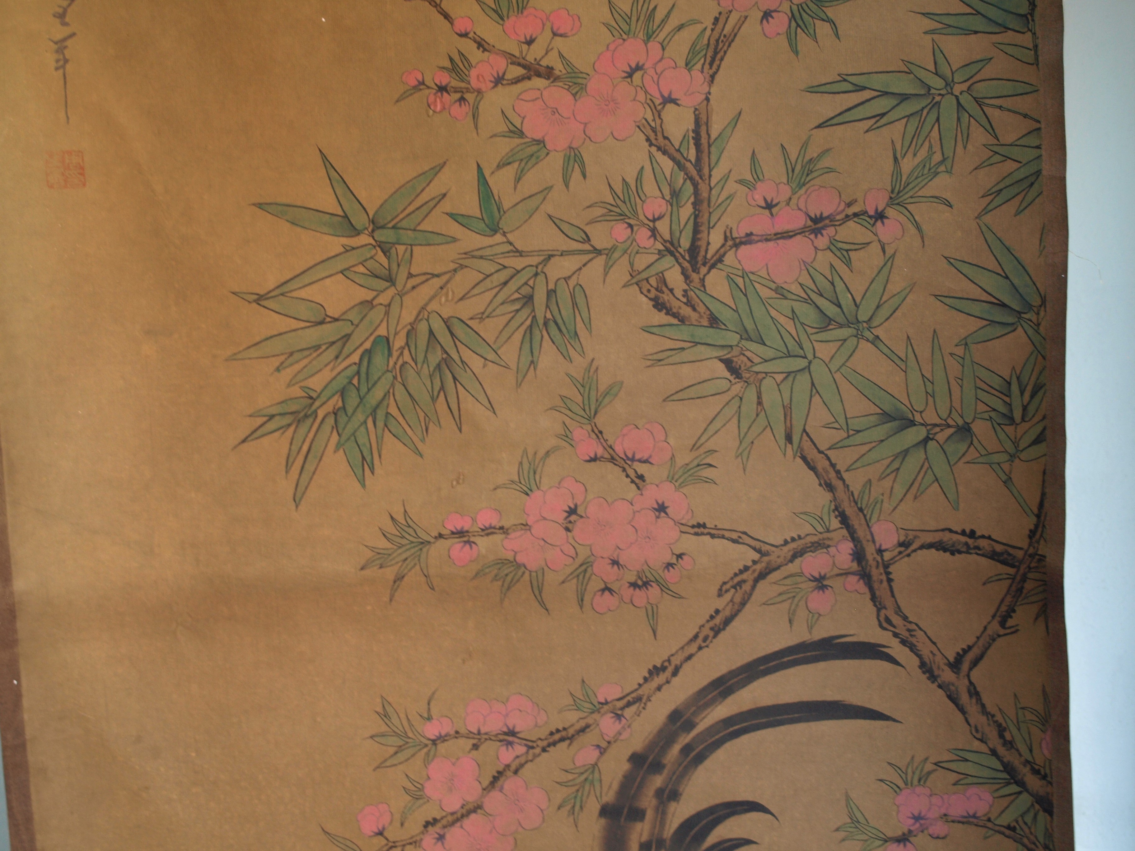 Niet of onleesbaar gesigneerd - Haan en Bloesem - Aquarelverf en inkt op papier, opgerold op houten stok kopen? Bied vanaf 1!