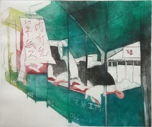 Sylvia Oudkerk - De slager in Lanzou | kleurenets - ingelijst kopen? Bied vanaf 35!