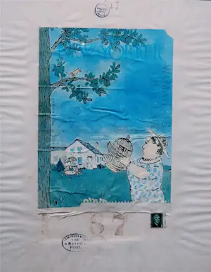 Viktor IV - Ingelijste gemengde techniek met collage: Vrouw met vogelkooi - 1991 kopen? Bied vanaf 199!