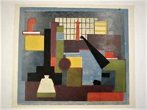 Wim Motz - Lithografie "Haven Rotterdam met tanker" en unica (8ex) Houtsnede "stilleven" verkocht voor € 45!