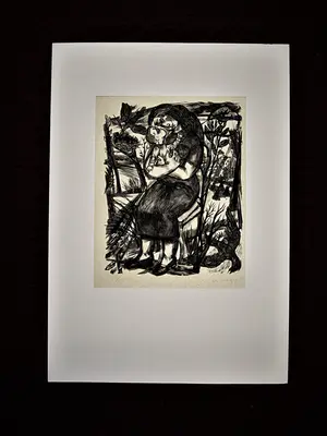 Lou Strik - meester Graficus - grote Hout/Linosnede "moeder en kind" gesigneerd kopen? Bied vanaf 36!