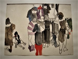 Karin Elfrink - Leuk jaren 80 Aquarel/Potlood "kleding kopen op de Albert Cuyp Amsterdam" kopen? Bied vanaf 1!