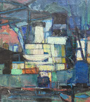 Wim Motz - Olieverf op doek | 'Houthaven van Stolk Rotterdam'| Eind jaren '50 kopen? Bied vanaf 1000!