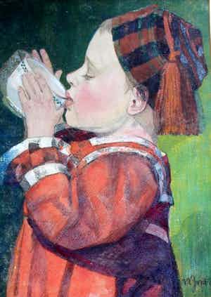 Willem Zwart - krijttekening: meisje drinkend uit kom verkocht voor € 275!