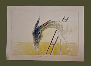 Dick Fluitsma - grote gemengde techniek op papier - ezel en ladder - 1990 - gesigneerd kaufen? Bieten Sie von 39!