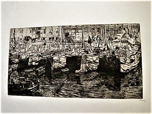 Pieter Dupont - Zeldzame & grote Amsterdam- Ets "Bedrijvigheid aan het Damrak" potloodgesignrd kopen? Bied vanaf 49!