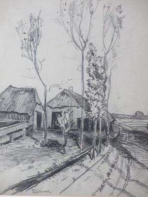 Jan Poortenaar - Landweg bij een boerderij - Tekening kopen? Bied vanaf 1!