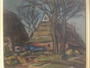 Jan Weinand De Jonge - Expressionistisch landschap met Groningse of Friese boerderijen kopen? Bied vanaf 90!