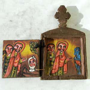 Ethiopie - 190127 - Ethiopian African wooden handpainted coptic icon - Ethiopia. verkocht voor € 45!