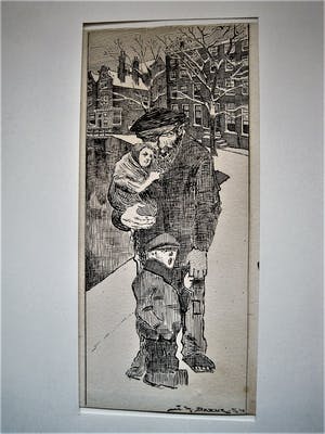 Niet of onleesbaar gesigneerd - originele 1914 Inkttekening "Vader met kinderen in winters Amsterdam" kopen? Bied vanaf 1!