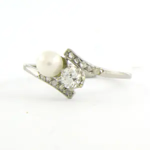 Platina slagring met parel, old mine cut en roos geslepen diamanten tot. 0.20ct kopen? Bied vanaf 180!