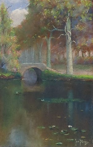 Jan Bleijs - Pastelkrijt, Landschap met vijver en brug - Ingelijst kopen? Bied vanaf 10!