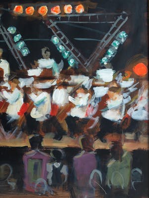Niet of onleesbaar gesigneerd - Groot , ingelijst acrylverf op doek , Het concert – 1998 - 81 x 111 cm kopen? Bied vanaf 1!
