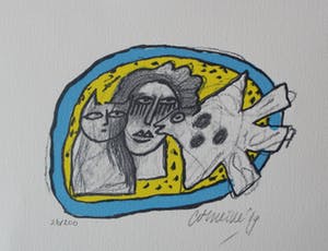 Corneille - zeefdruk: Chat, Femme et Oiseau - 1999 kopen? Bied vanaf 100!