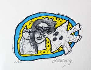 Corneille - zeefdruk: Chat, Femme et Oiseau - 1999 verkocht voor € 100!