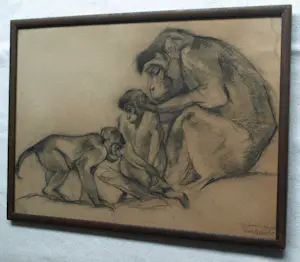 Tini van Doornik - Ingelijste houtskooltekening , Drie apen – 1930 – Lijst, 41½ x 57½ cm. kopen? Bied vanaf 100!
