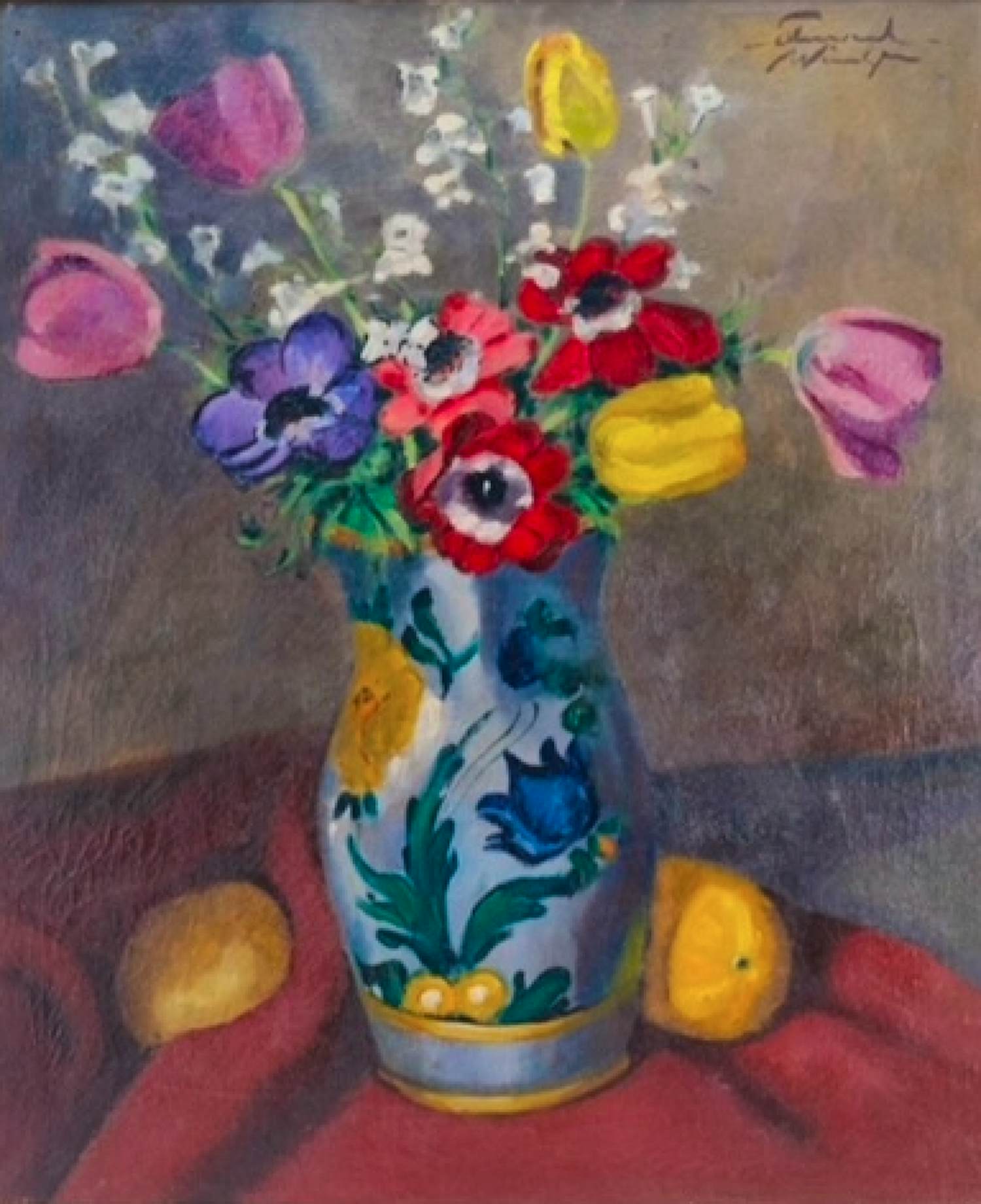 Edmond Wingen - expressief bloemstilleven met tulpen en anemonen in vaas verkocht voor € 195!