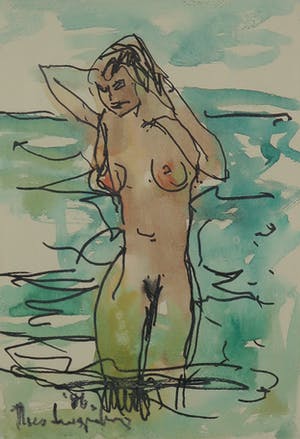 Theo Swagemakers - Aquarel, Badende vrouw kopen? Bied vanaf 80!