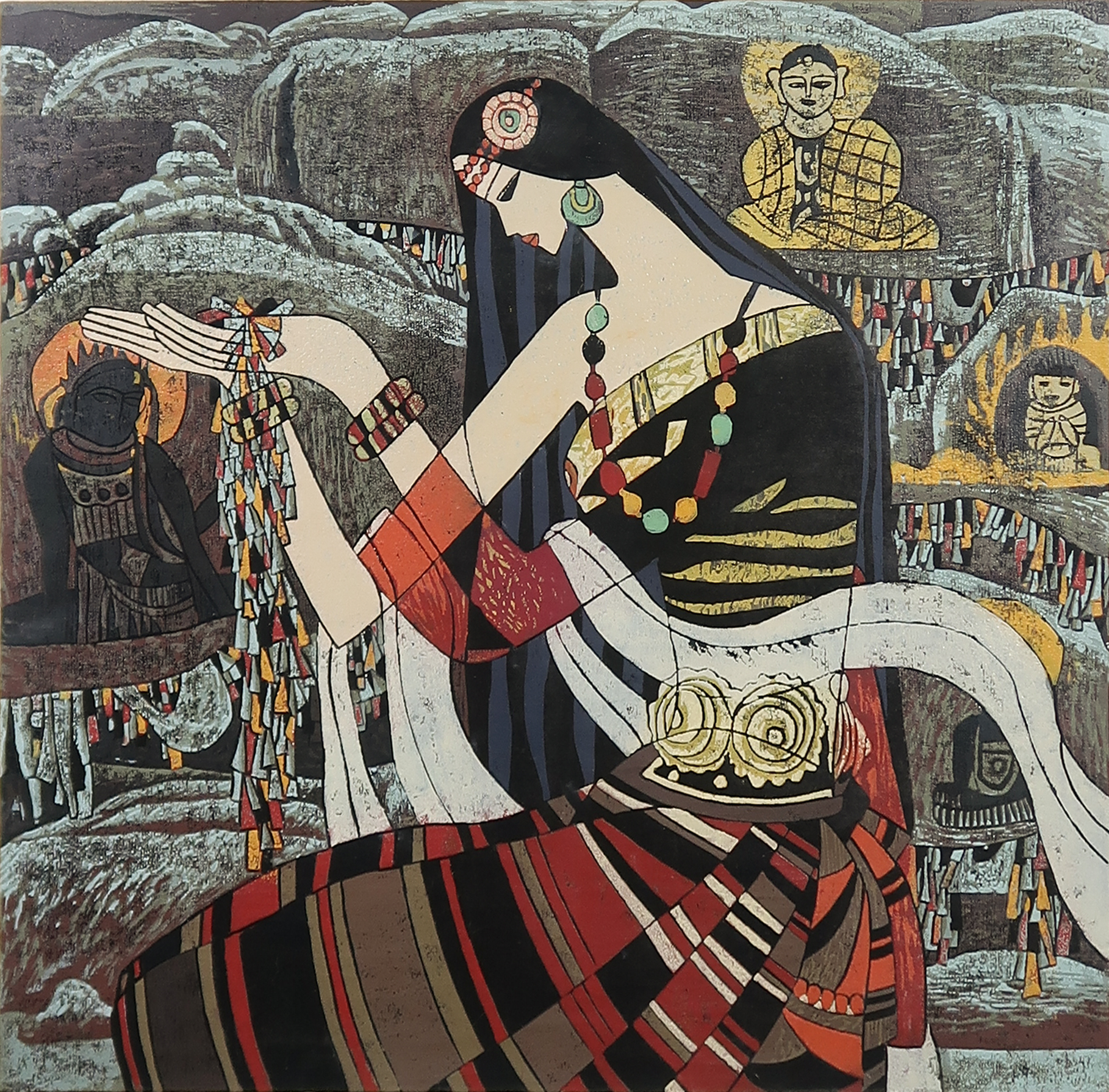 Hao Ping - Houtsnede, Chinese lady 2 - Ingelijst kopen? Bied vanaf 80!