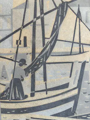 Geert Geerligs - linosnede: het inhalen van de netten kopen? Bied vanaf 25!