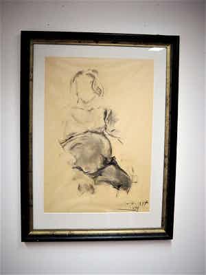 Niet of onleesbaar gesigneerd - Grote impressionistische Houtskooltekening - Zwangere vrouw - gesigneerd verkocht voor € 1!