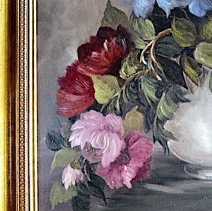 Maria Van Lent - Boeket Wilde Rozen met Clematis - In verguld zware houten lijst kopen? Bied vanaf 1!