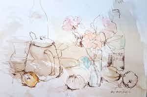 Louis van der Beesen - Sstilleven met bloemvaas en theepot verkocht voor € 45!