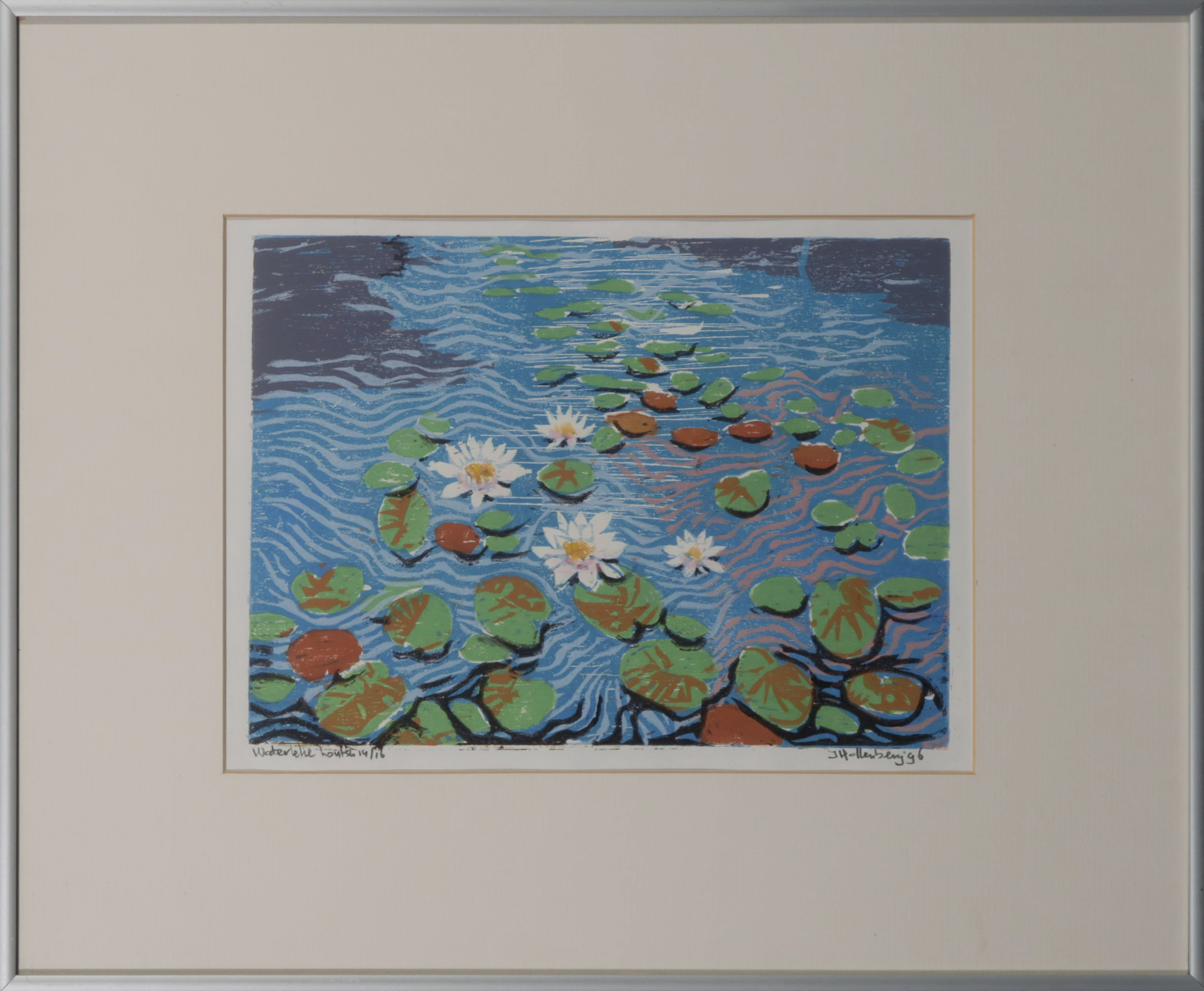 Jan Hollenberg - Houtsnede, Waterlelie - Ingelijst verkocht voor € 35!