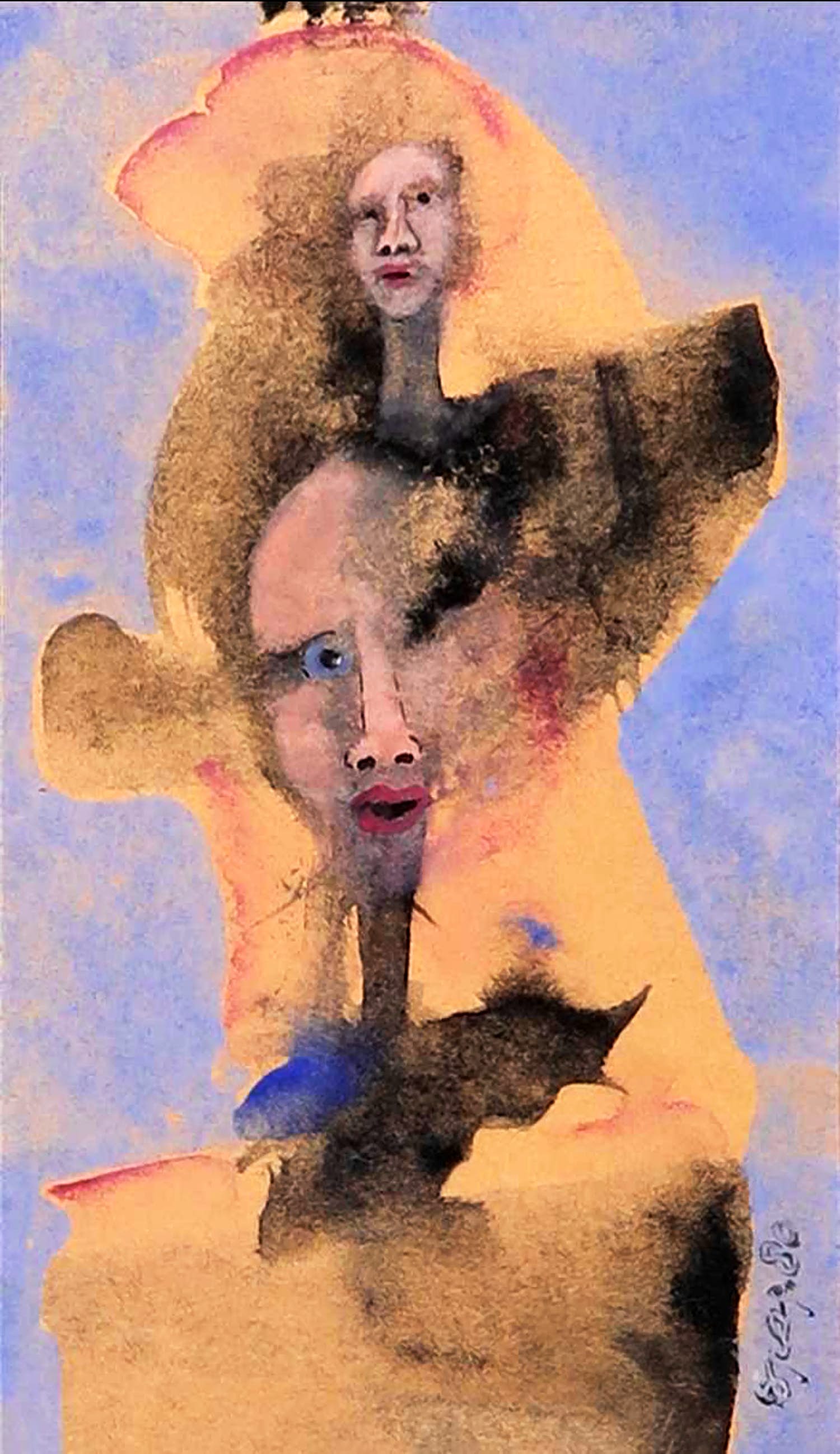 Henk Sparreboom - Gouache, Twee koppen tegen blauwe achtergrond kopen? Bied vanaf 1!