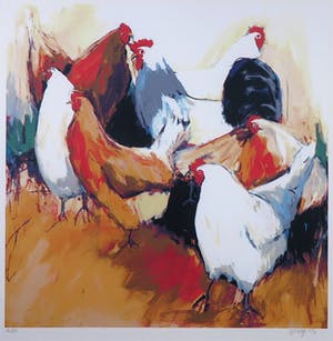 Gerda Elfring - Zeefdruk, Kippen - Ingelijst kopen? Bied vanaf 35!
