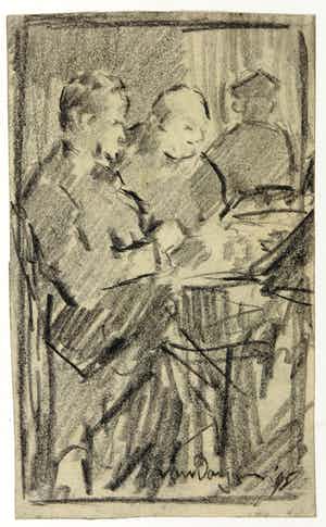 Kees van Dongen - Schets in houtskool, Café-scène verkocht voor € 1!