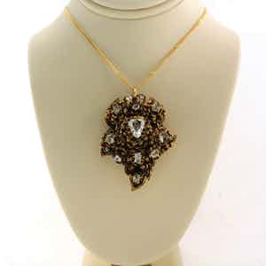 14k gouden collier met broche/hanger bezet met roos geslepen diamant verkocht voor € 1500!