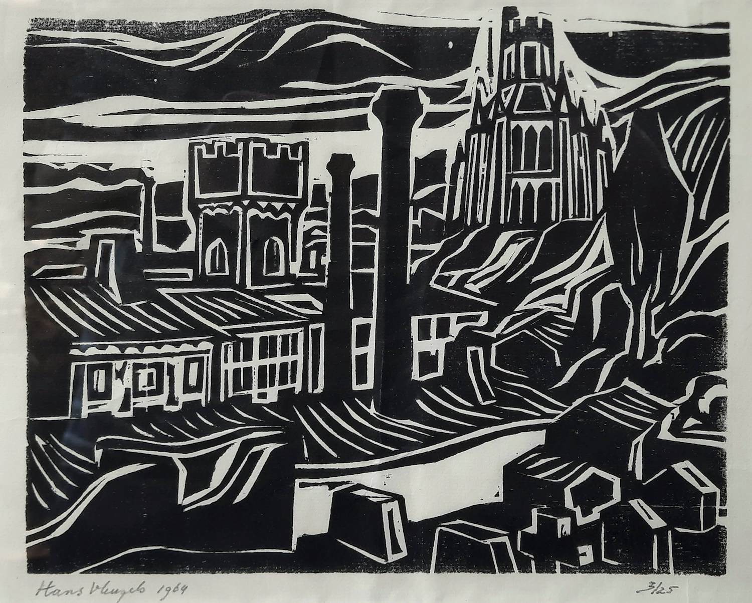 Buy Hans Vleugels - houtsnede 1964 - Landschap - kleine oplage - ingelijst - 25040? Bid from 75!