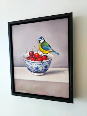 Alfonso Moreno - Stilleven met schaaltje kersen en pimpelmees kopen? Bied vanaf 179!