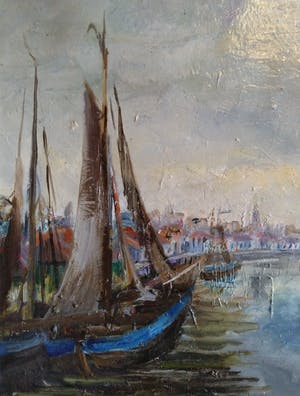 Niet of onleesbaar gesigneerd - Circa 1955 - "Botters op scheepswerf aan water" kopen? Bied vanaf 1!