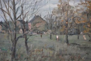 Henk Munnik - boomgaard in (Frans) dorp - olieverf 1984 kopen? Bied vanaf 35!