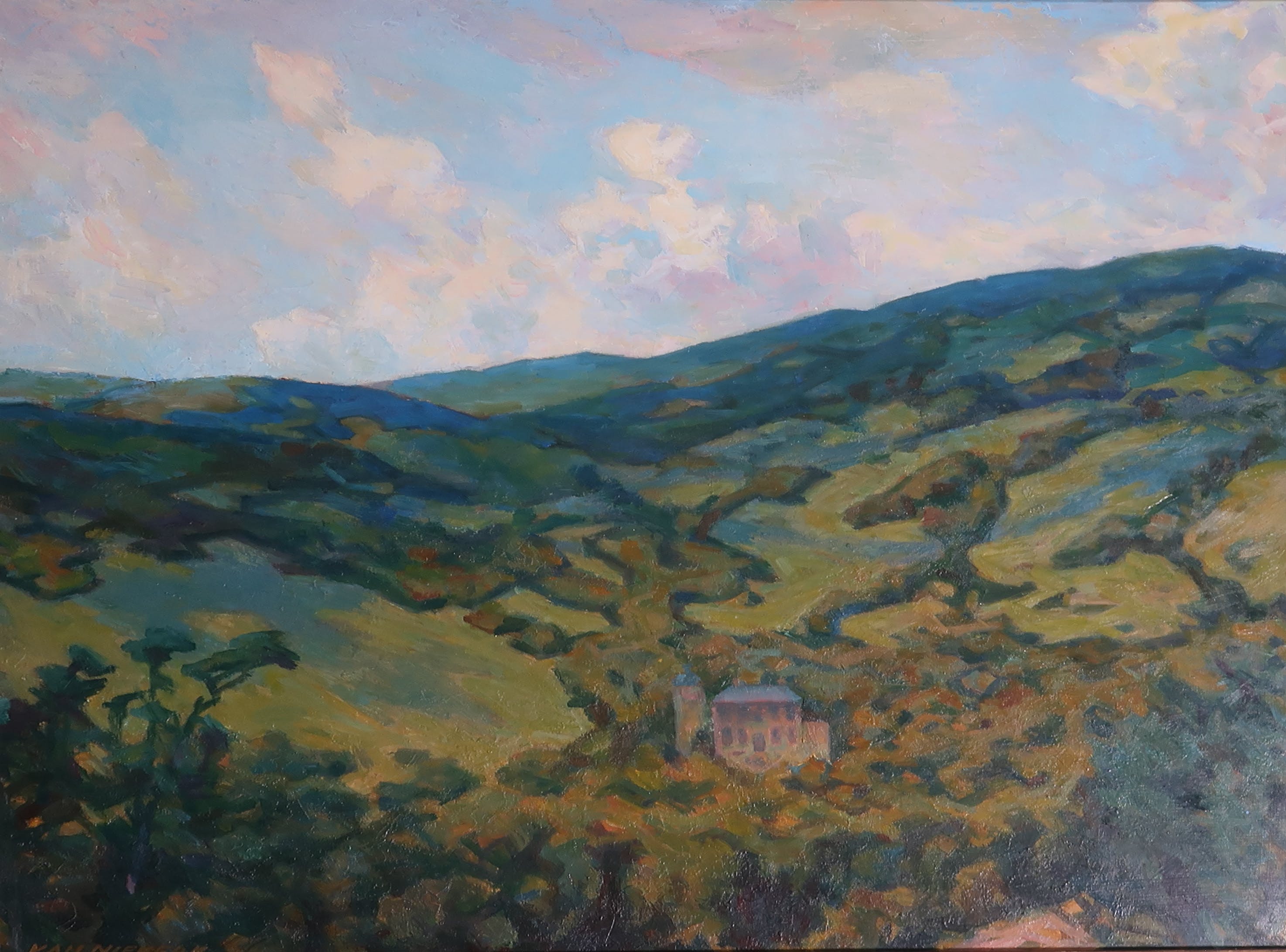 Carl C. van Niekerk - Olieverf op board, Kasteeltje in heuvelachtig landschap - Ingelijst kopen? Bied vanaf 50!